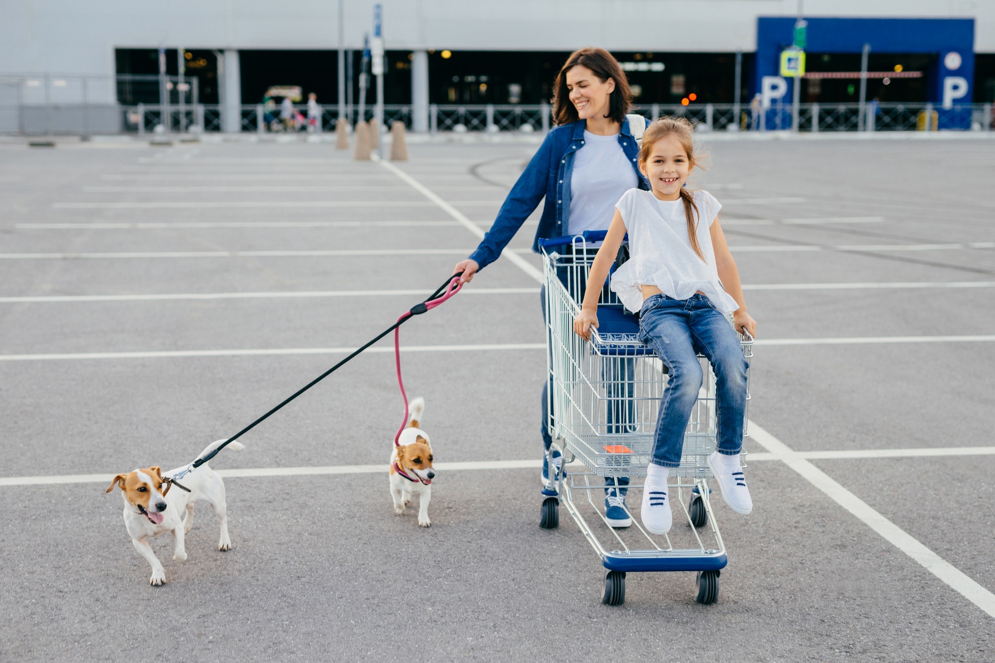 Happy mother, daughter and their pets return from shopping centre, carry cart, pose outdoor